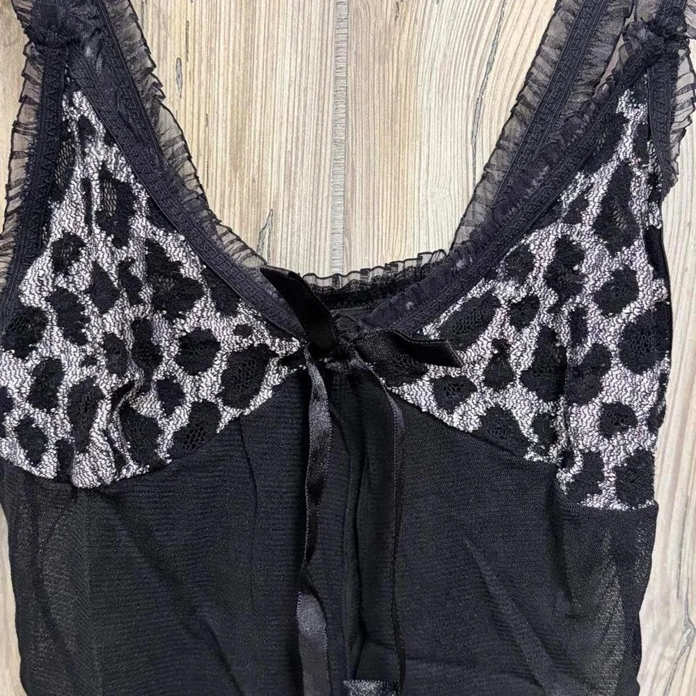 Sheer Black Mesh Leopard Print Lace Open Front Babydoll Top One Size